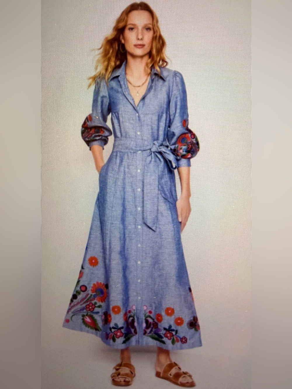 Boden blue embroidered chambray and linen maxi dress, 8 petite
